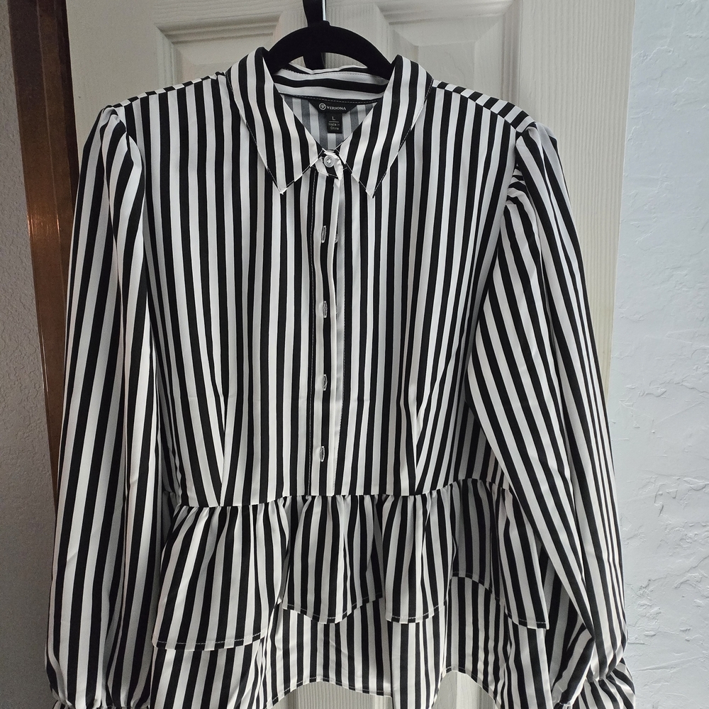 Versona Black and White Striped Peplum Button-Up Top
